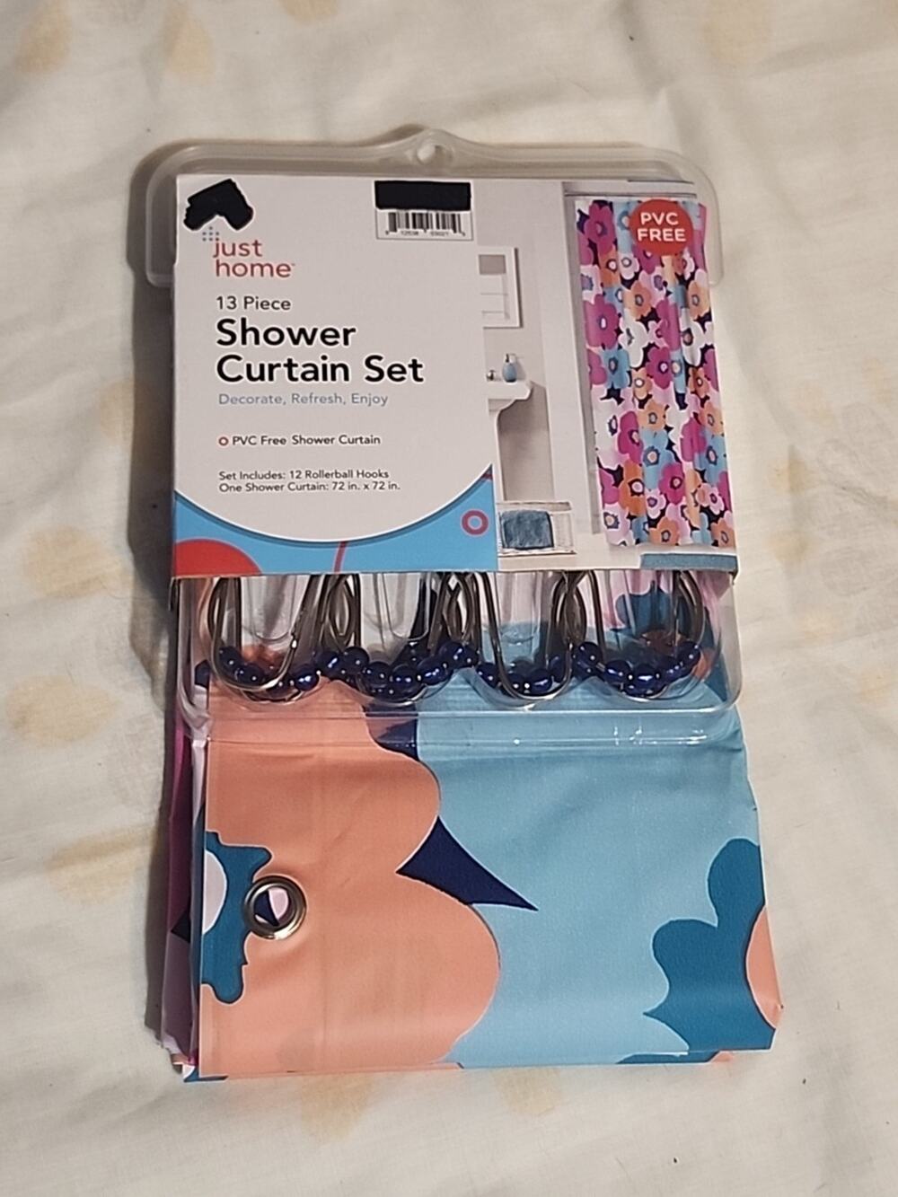 Just Home PVC Shower Curtain Set 13 pc Floral Multicolor Rollerball Hooks 72"x72